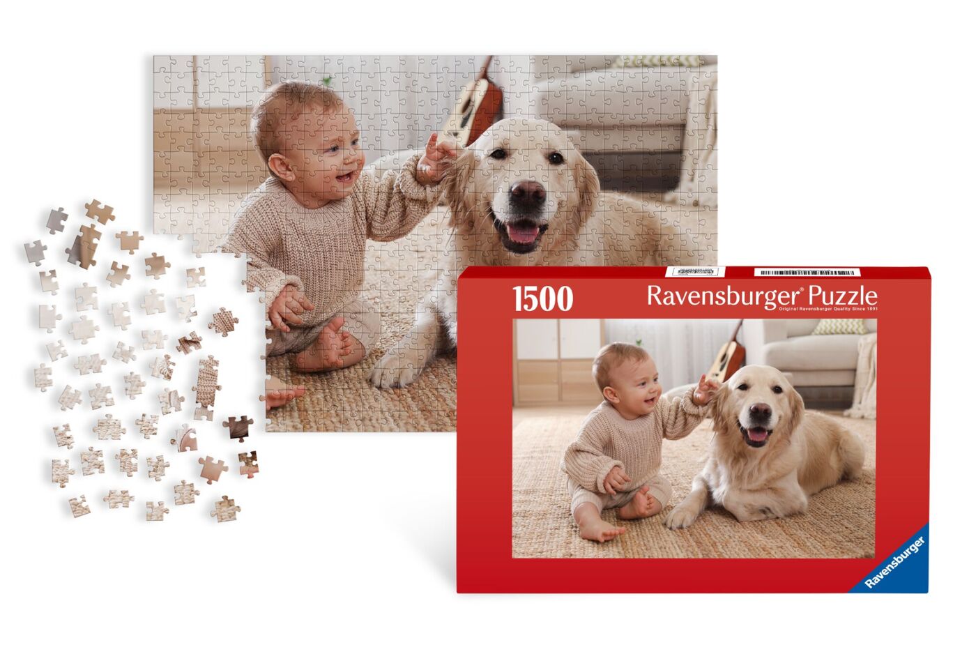 Ravensburger fotopuzzel van 1500 stukjes met een baby en een hond in een huiselijke omgeving