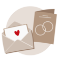 Twee bruine enveloppen met een hartafbeelding op een wenskaart.
