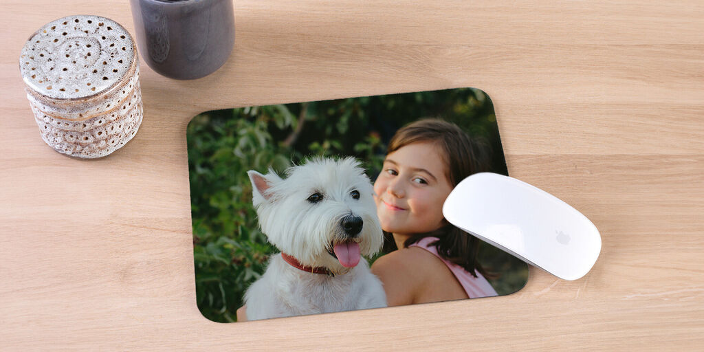 Een verzorgend persoon kamt hun hond op een houten bureau.