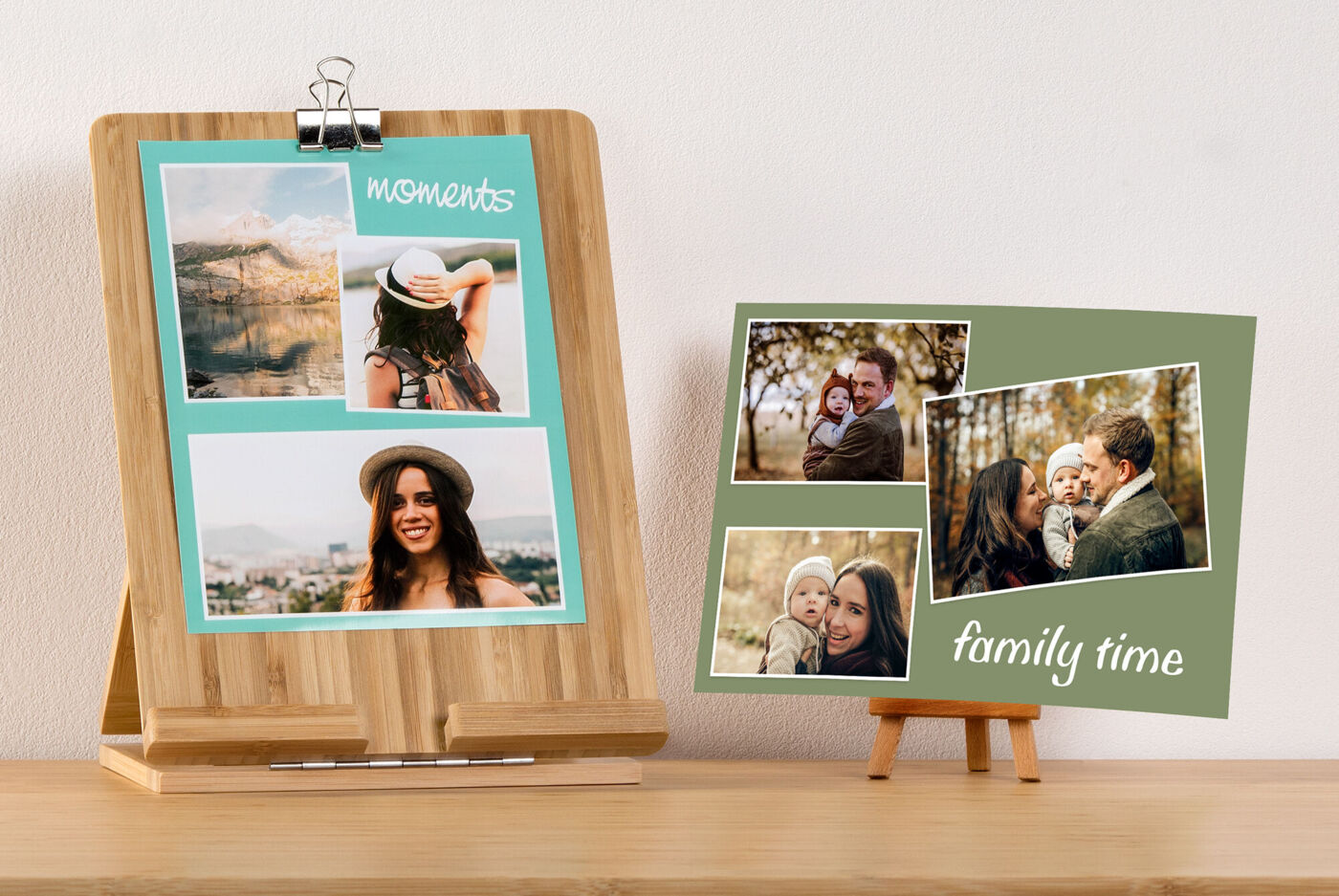 Een liefdevol ontworpen wanddecoratie en een creatieve kaart tonen vreugdevolle familiemomenten. De beelden nodigen uit om herinneringen te delen en geluk vast te houden.
