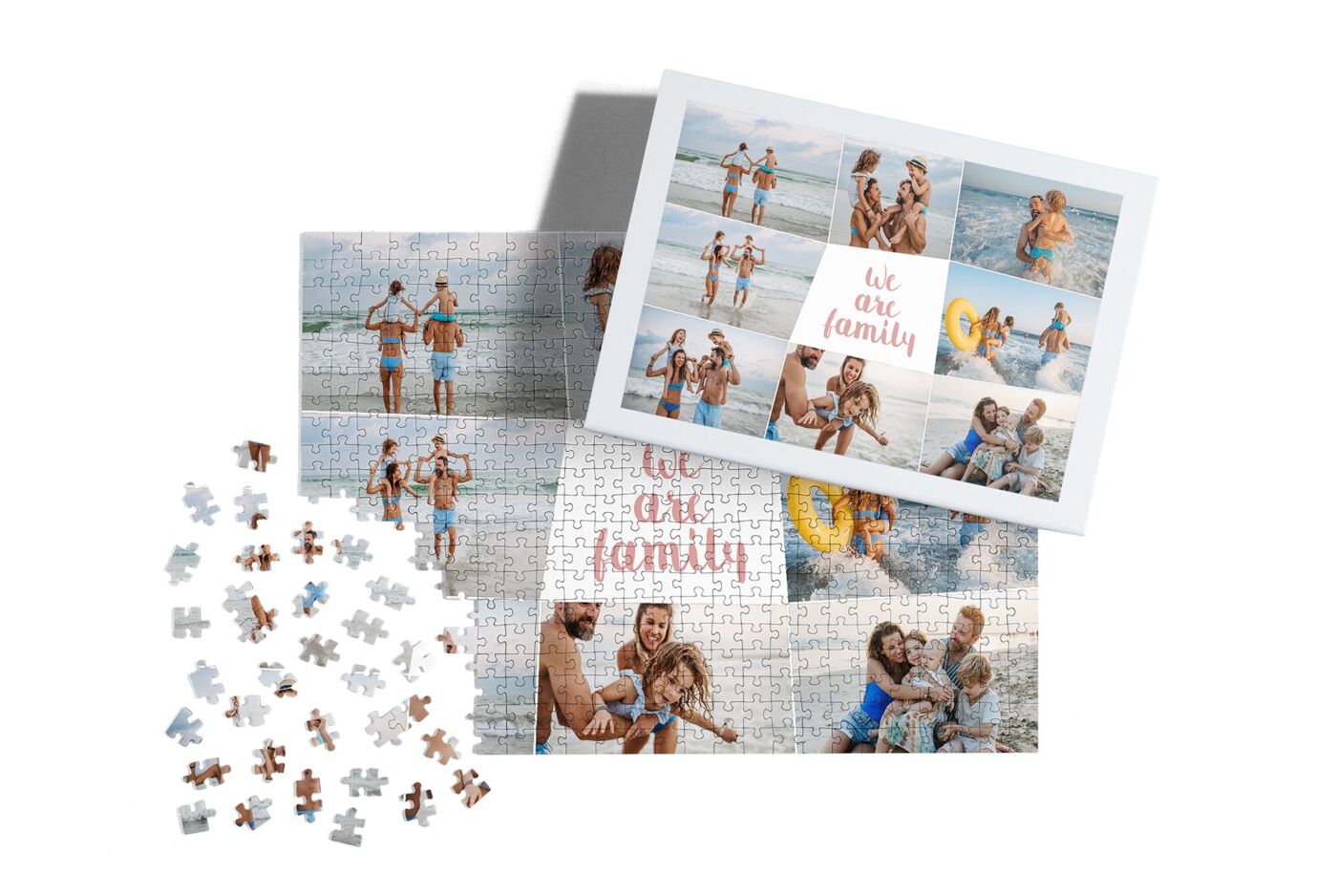 Gepersonaliseerde fotopuzzel met collage van zomerse foto’s en de tekst “we are family”, naast het voorbeeldfotootje.
