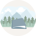 Illustratie van een gesloten boek voor een boslandschap met bergen op de achtergrond.