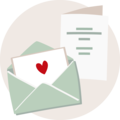 Illustratie van een open envelop met daarin een kaart met een rood hart.