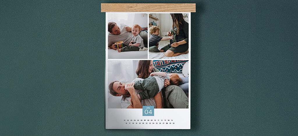 Een creatieve fotokalender met kleurrijke familiefoto's en de datum 04.
