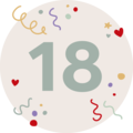 Een kleurrijk feest met het cijfermotief 18, omgeven door harten en confetti.